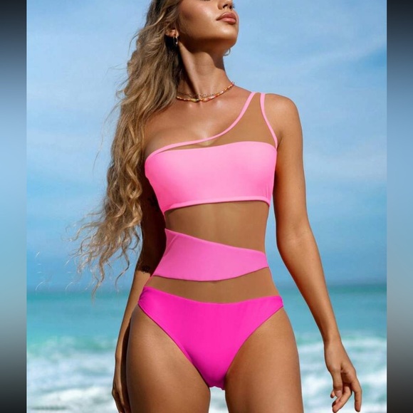 Luxe mesh insert color block one shoulder swimsuit - Picture 2 of 15
